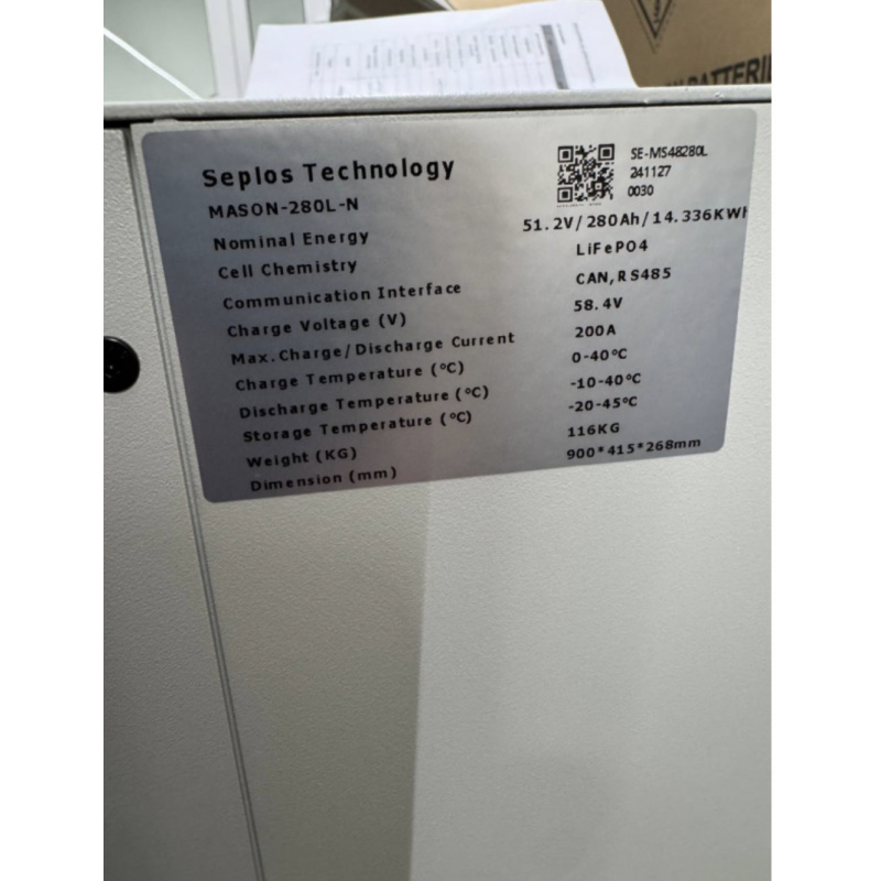 Акумулятор SEPLOS MASON 280L-N 51.2V 280AH 14.33KWH LiFePO4 (літій-залізо-фосфатний акумулятор)